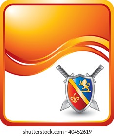 royal shield with crest and lion on orange wave background