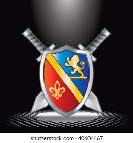 royal shield with crests under spotlight