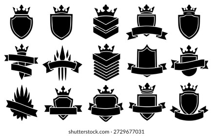 Conjunto de vetores de emblemas heráldicos Royal Shield e Crown - Majestic Black Silhouettes para prêmios Logos e marcas de prestígio