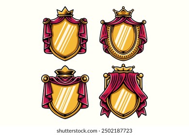 royal shield with curtain and crown colorful badge frame logo design sets. elegant knight heraldry crest coat emblem symbol vector illustration collection. set of retro shield decorative ornament