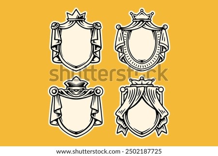 royal shield with curtain and crown outline badge frame logo design sets. elegant knight heraldry crest coat emblem symbol vector illustration collection. set of retro shield decorative ornament