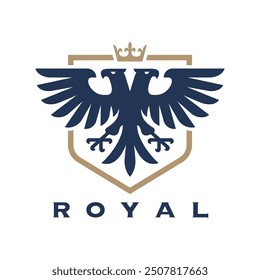 Emblema del escudo real con un majestuoso águila y una corona, que simbolizan la Regalías y la fortaleza. Perfecto para representar la nobleza y el prestigio en diversos contextos de marca.