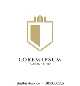 Royal shield flat logo template with crown shape in gold color. Shielding icon vector