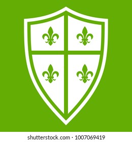 Royal shield icon white isolated on green background. Vector illustration