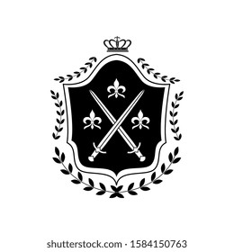 Royal shield insignia with crown symbol decorated with crossed swords and heraldry signs. Medieval coat of arms logo - flat isolated vector illustration.