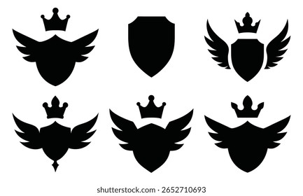Royal Shield Logo Collection Winged Crown Emblems Emblemas Heráldicos Vintage para Premium Branding, Escudo silhueta vetor eps