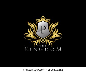Royal Shield P Letter Logo. Golden Vintage Shield With P Letter and crown prefect for boutique, hotel, restaurant, wedding and other vintage business. 