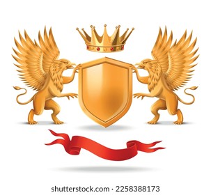 Composición realista del escudo real con griffins y reyes corona ilustración vectorial