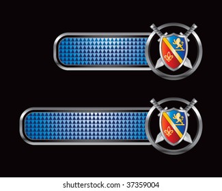 escudo real y espada sobre pestañas a cuadros azules