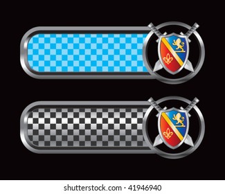 el escudo real y la espada en los carteles azul y negro a cuadros