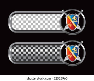escudo real y espada sobre pestañas de plata y de cuadros negros