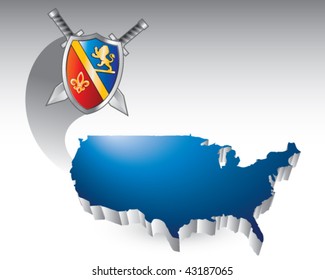 escudo real y espadas sobre icono azul de los estados unidos
