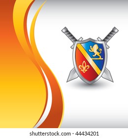 escudo real y espadas fondo de onda naranja vertical