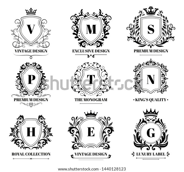 Royal shields badges. Vintage ornament luxury logo\
frame, retro ornamental shield sign and decorative ornaments badge.\
Arms crest coat emblem, antique knights heraldry. Isolated symbols\
vector set