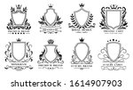 Royal shields badges. Vintage ornamental frames, decorative royal swirl heraldic borders and luxury filigree wedding emblems. Knights shield heraldic decoration isolated vector icons set