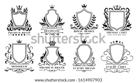 Royal shields badges. Vintage ornamental frames, decorative royal swirl heraldic borders and luxury filigree wedding emblems. Knights shield heraldic decoration isolated vector icons set