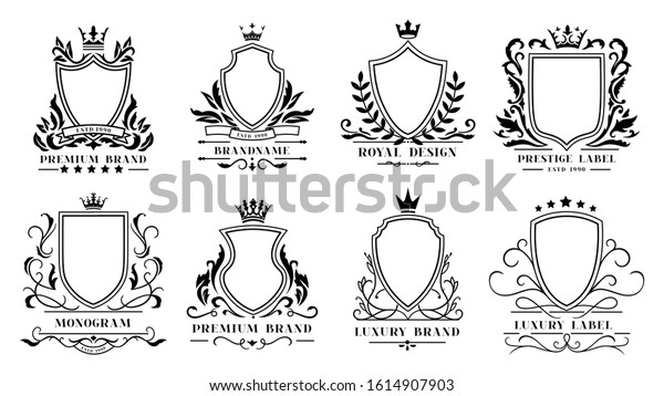 Royal shields badges. Vintage ornamental frames,\
decorative royal swirl heraldic borders and luxury filigree wedding\
emblems. Knights shield heraldic decoration isolated vector icons\
set