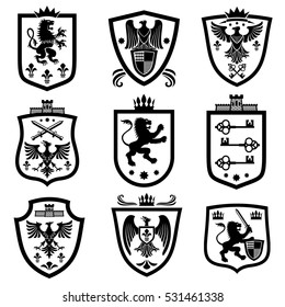 Royal shields, nobility heraldry coat of arms vector set