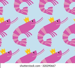 Royal shrimp in Crown of seamless background. Giant sea cancroid for eating. Vector pattern food.