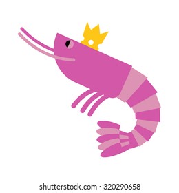 Royal shrimp in gold Crown. Giant sea cancroid. Vector illustration of delicacy food.