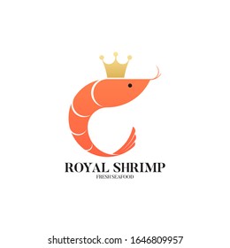 Royal shrimp logo template. Creative vector template of sea food symbol or restaurant logo. Icon of prawn with gold crown. Vector illustration.