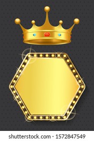 Royal sign of monarchy vector, isolated banner with golden bulbs and shining. Corona with gemstones, precious stones monarchy power noble frame set