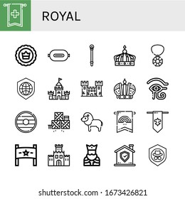 royal simple icons set. Contains such icons as Banner, Crown, P t, Sceptre, Gem, Shield, Castle, Fortress, Eye of ra, Defense, Lion, Fleur de lis, can be used for web, mobile and logo