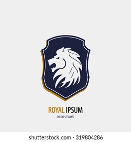 Royal simple logo with blue shield and lion head on grey background art