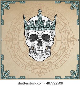 Royal skull. Background - imitation of old paper, a decorative frame, magic circle. Vector illustration. Print, posters, t-shirt.