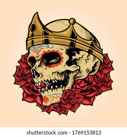 Royal Skull King Crown with Rose Illustrations Vector Mascot Logo