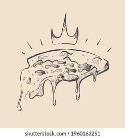 A royal slice of pizza with a dangling stretch of cheese sketch
vector illustration