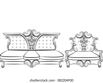 Royal Sofa and Armchair set in Baroque Rococo style with damask luxurious ornaments. Vector