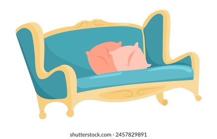 Royal sofa with cushions in flat design. Luxury vintage couch with pillows. Vector illustration isolated.