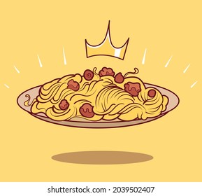 Royal spaghetti with meatballs cartoon vector icon illustration. Food object spaghetti isolated.