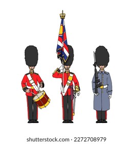 The royal standard bearer in a bearskin hat. A guard in a greatcoat. Color vector illustration with black contour lines isolated on a white background in a cartoon style.