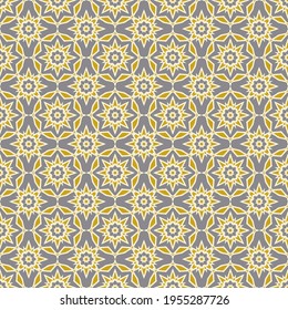 Patrón de estrella real, impresiones de tela sin fisuras en tonos dorados grises. Estrella floral real y chic sin fisuras, ornamento vectorial geométrico. Flores estelares en mosaico o papel tapizado geométrico floral sin costura.