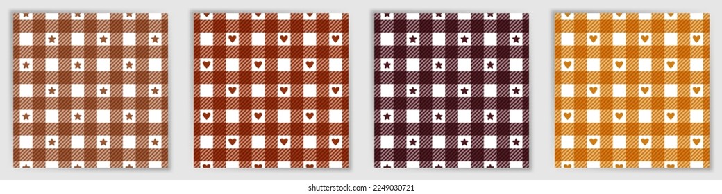Royal stewart tartan endless pattern collection. Beautiful tattersall check plaid textile print set with stars and hearts. Royal stewart tartan geometric swatches for picnic blanket fabric print.