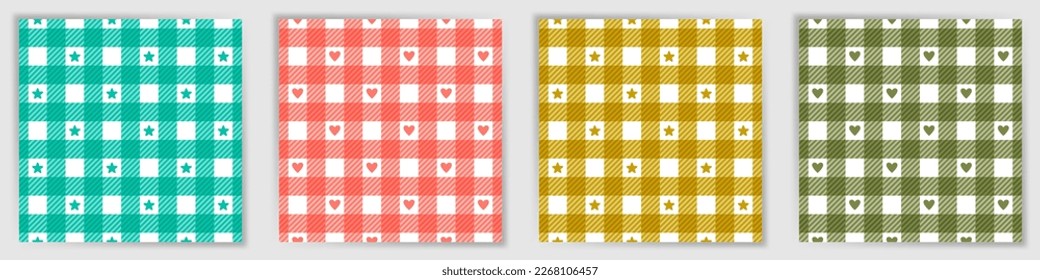 Royal stewart tartan endless pattern collection. Beautiful tattersall check plaid fabric print set with stars and hearts. Royal stewart tartan square swatches for cloth textile print.