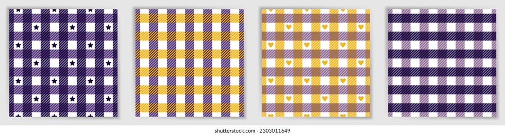 Royal stewart tartan endless pattern set. Trendy tattersall check plaid fabric print collection with stars and hearts. Royal stewart tartan geometric patterns for pillowcase textile print.