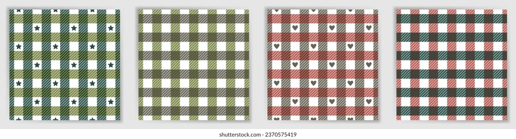 Royal stewart tartan colección de patrones sin fisuras. Los tatuajes de perrito comprueban la impresión de tejidos de seda con estrellas y corazones. Pantalones rayados de tartán de gala real para la impresión textil de ropa de cama.