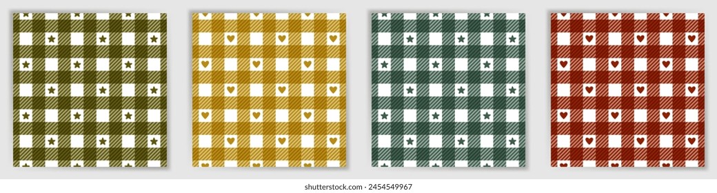 Colección de patrón sin fisuras de tartán Royal Stewart. Tatuajes de moda a cuadros de estampado textil conjunto con estrellas y corazones. Adornos geométricos de tartán de Stewart real para cortinas y estampado de tela.