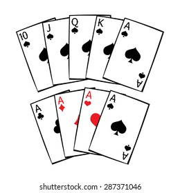 a royal straight flush and four aces playing cards poker vector illustration