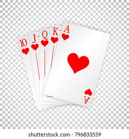 A royal straight flush playing cards poker hand in hearts.