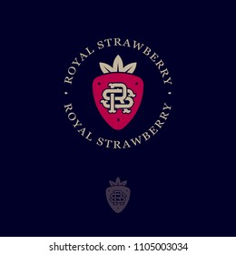 Royal strawberry logo. Strawberry with leaves, like a crown in a circle with letters. Heraldic style/ monochrome option.