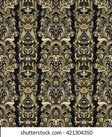 Royal striped seamless pattern. Rococo floral wallpaper. Damask background. Gold on black.