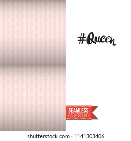 Royal style greeting card. Fashion symbols in royal style seamless pattern decorated left side of greeting card. Inscription: queen hashtag on right side. Vector template.