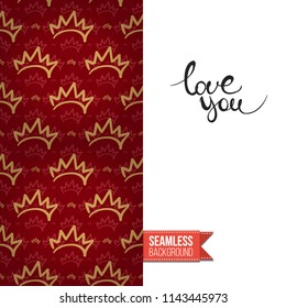 Royal style greeting card. Fashion symbols in royal style seamless pattern decorated left side of greeting card. Inscription: love you on right side. Vector template.