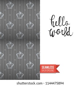 Royal style greeting card. Fashion symbols in royal style seamless pattern decorated left side of greeting card. Inscription: hello world on right side. Vector template.