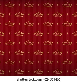Royal style seamless pattern with gold king crown ornament signs in style of fashion on empire red shine striped background with elegant rhomb fill out. Excellent textile, fabric, paper design.