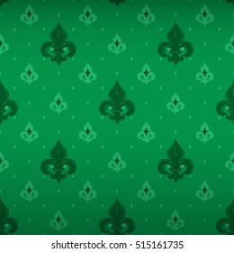Royal style seamless pattern with green queenly iris ornament signs in style of fashion on emerald green shaded background with classical rhomb fill out. Design for wallpapers and textile print.